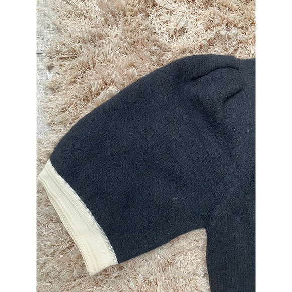 English Factory Black Knit Puff Sleeve Dress Cream Trim Pockets Size M - Picture 7 of 12